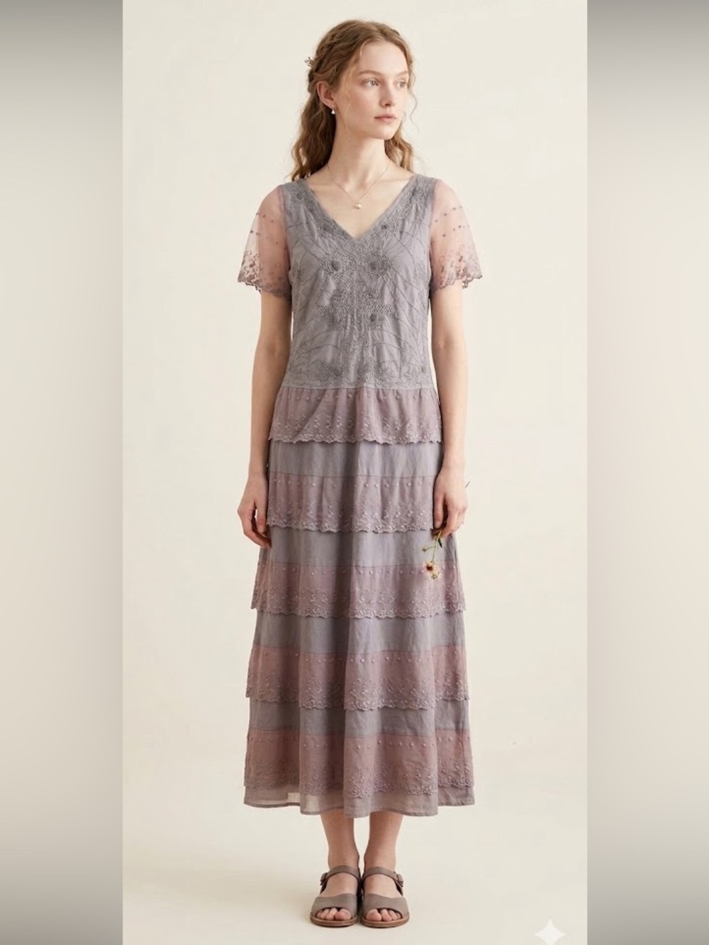 Sundance Linen Floral Embroidered Lace Tiered Maxi Dress Cottage Boho Tribal 4 - Picture 2 of 13